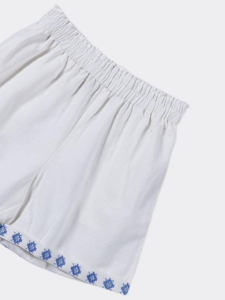 Utsa Kids Girls White Embroidered Cotton-Blend Shorts - (8-14 yrs)