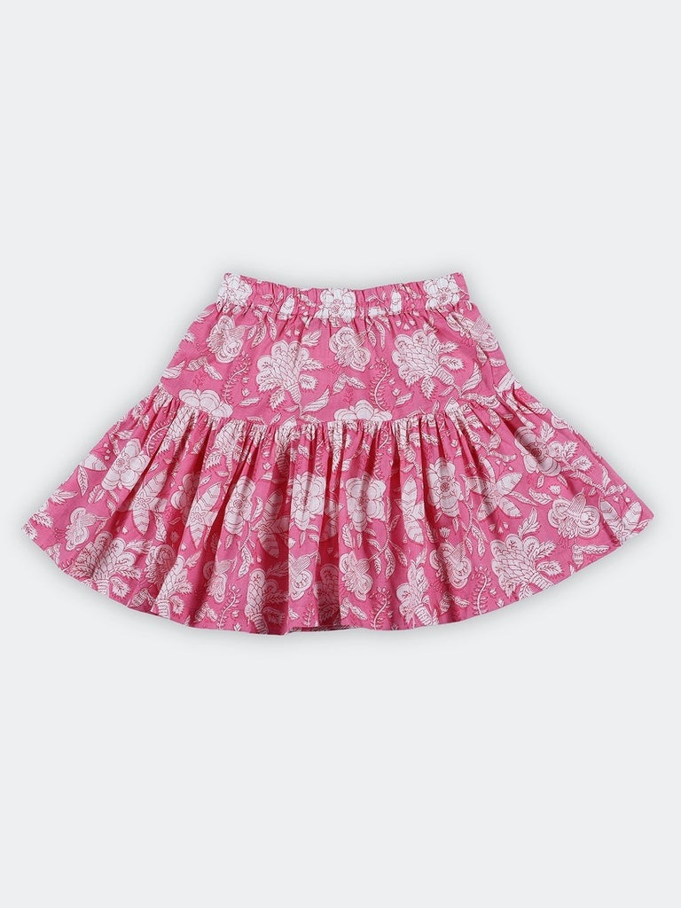 Utsa Kids Girls Pink Floral Print Flared Cotton Skirt - (8-14 yrs)