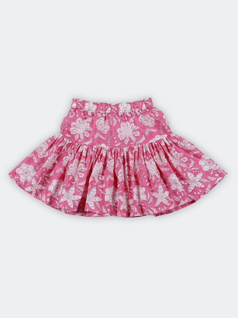 Utsa Kids Girls Pink Floral Print Flared Cotton Skirt - (8-14 yrs)
