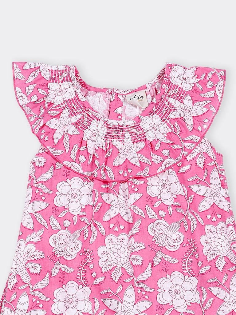 Utsa Kids Girls Pink Floral Flared Cotton Dress - (8-14 yrs)