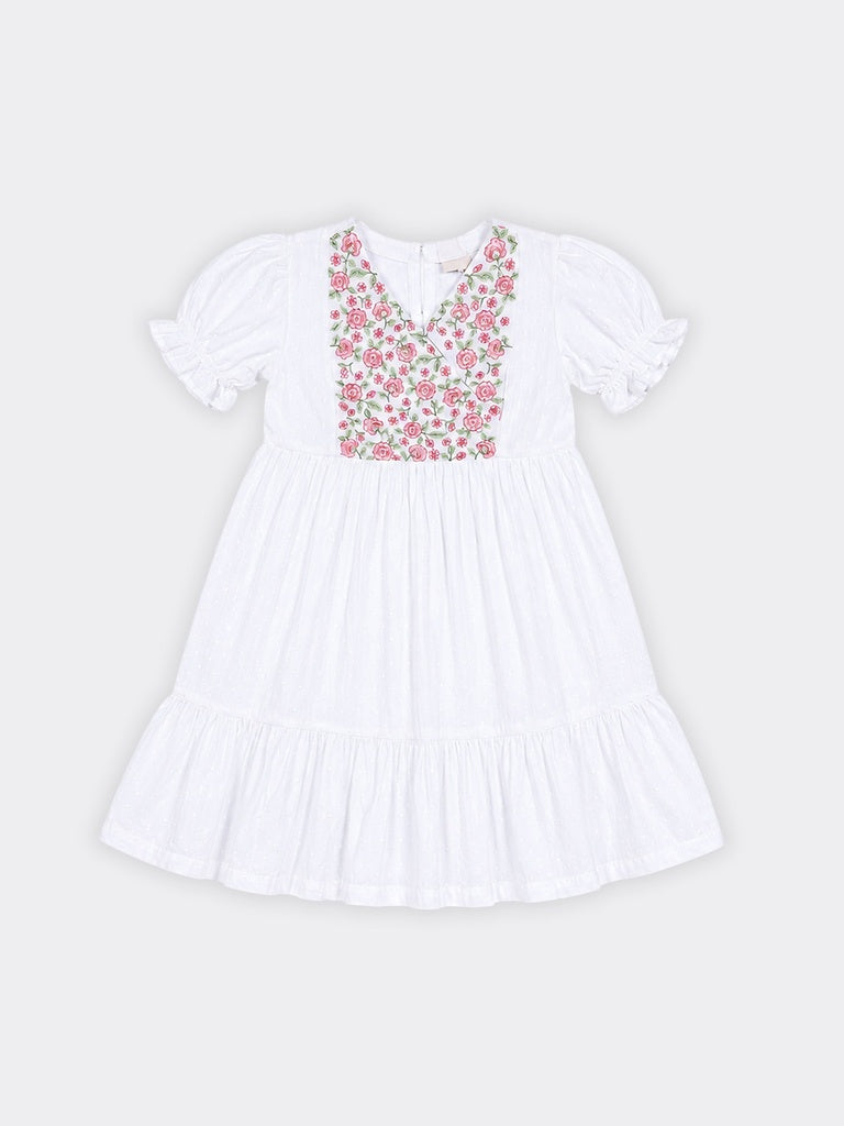 Utsa Kids Girls White Floral Embroidered Tiered Cotton-Blend Dress - (8-14 yrs)