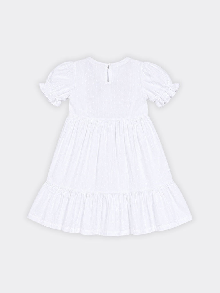 Utsa Kids Girls White Floral Embroidered Tiered Cotton-Blend Dress - (8-14 yrs)