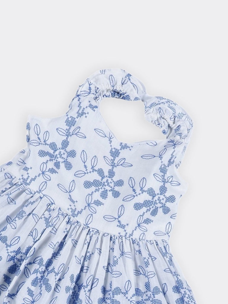 Utsa Kids Girls White Blue Embroidered Cotton Dress - (8-14 yrs)
