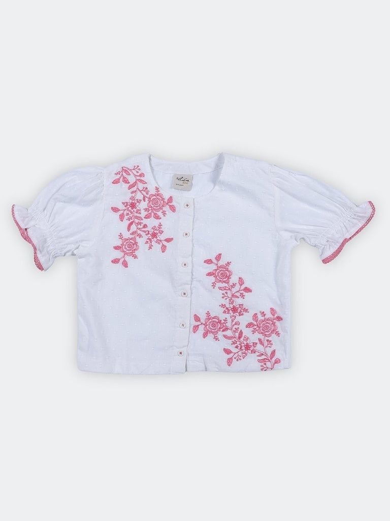 Utsa Kids Girls White Floral Embroidered Cotton-Blend Top - (8-14 yrs)