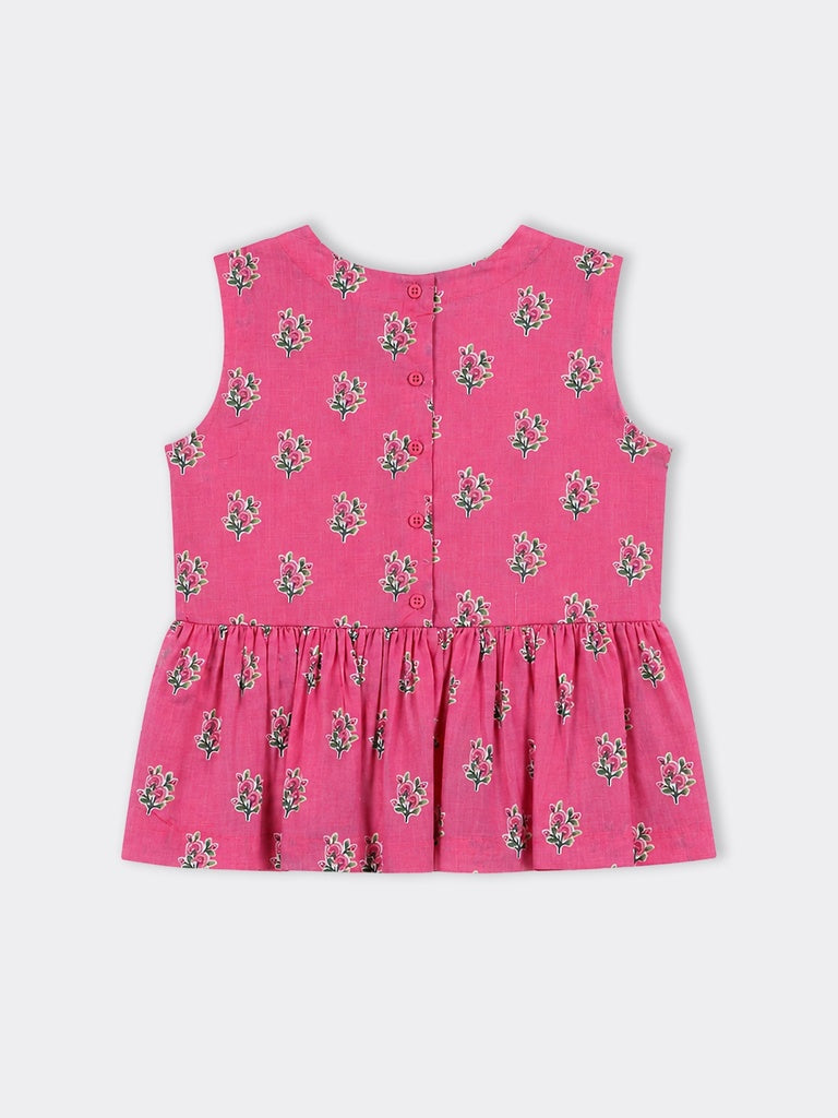 Utsa Kids Girls Pink Floral Flared Cotton Top - (8-14 yrs)