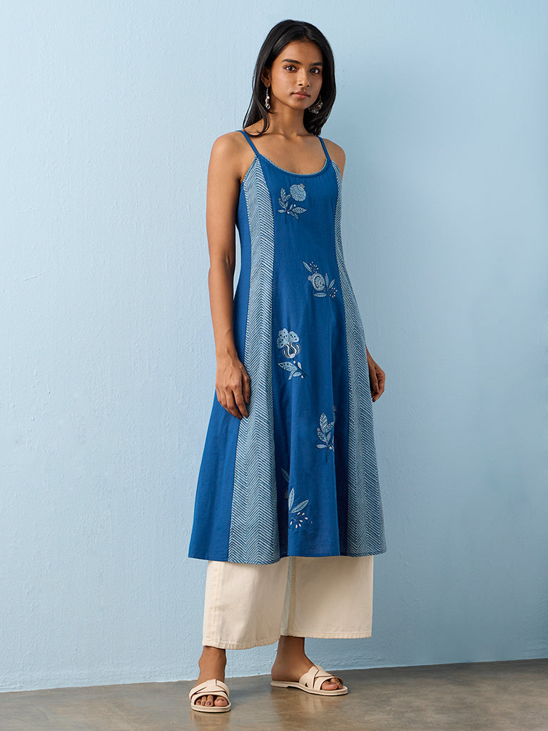 Utsa Indigo Embroidered Cotton A-Line Kurta