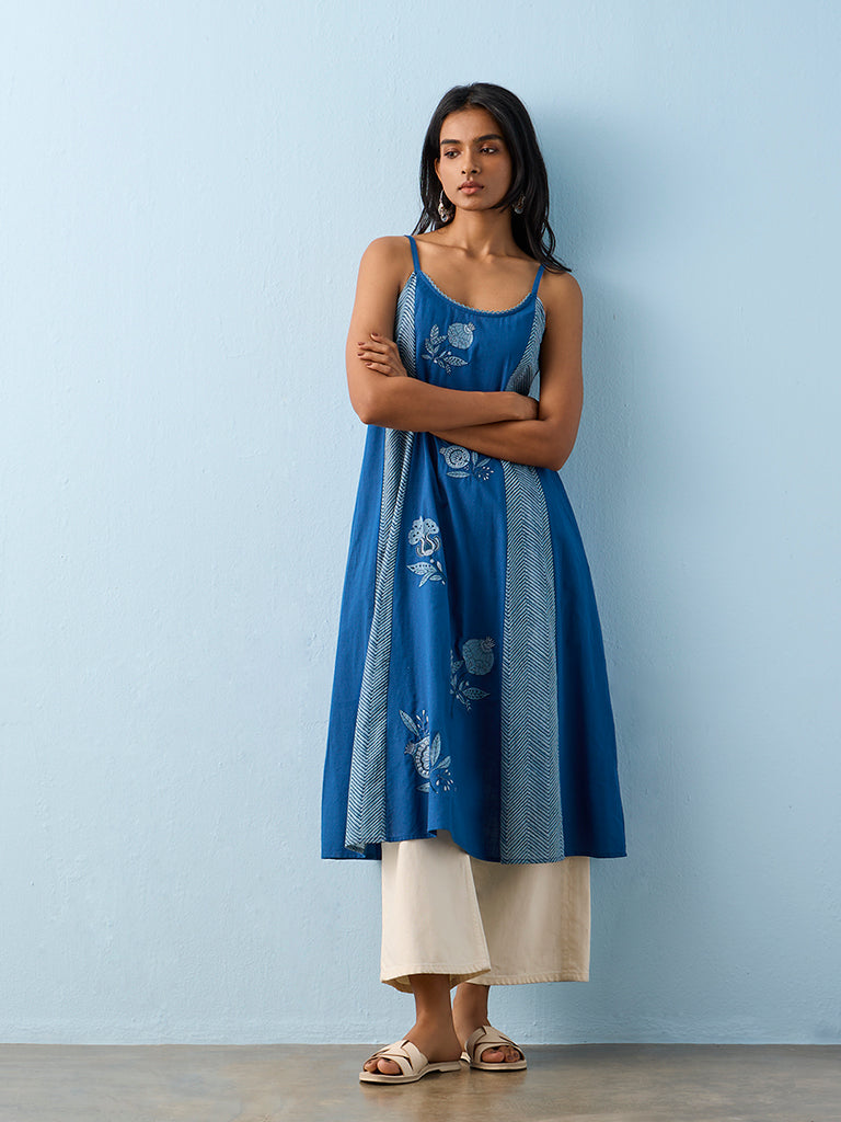 Utsa Indigo Embroidered Cotton A-Line Kurta