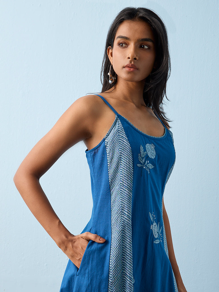 Utsa Indigo Embroidered Cotton A-Line Kurta