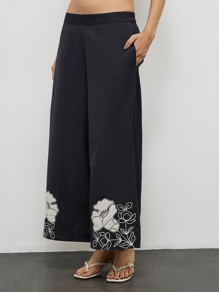 Utsa Black Floral Printed Cotton-Blend Pants