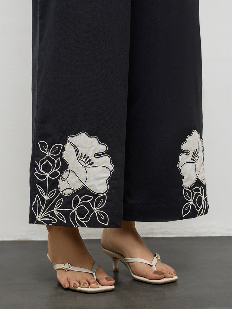 Utsa Black Floral Printed Cotton-Blend Pants