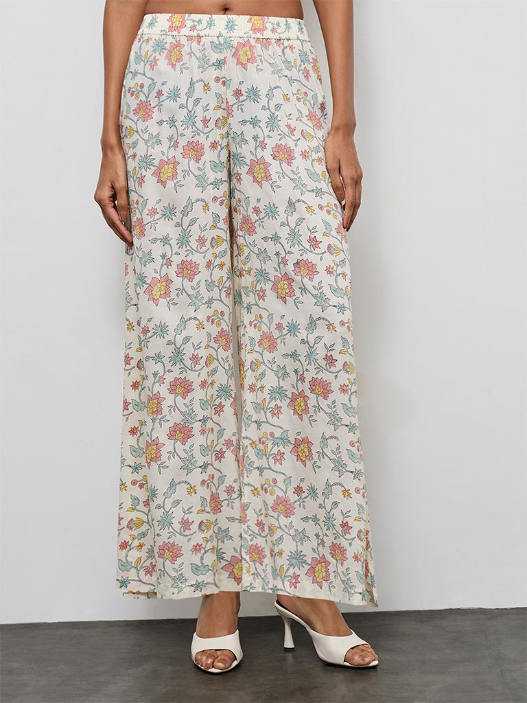 Zuba Off-White Floral Printed Cotton Pants
