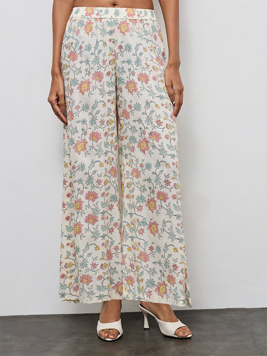 Zuba Off-White Floral Printed Cotton Pants