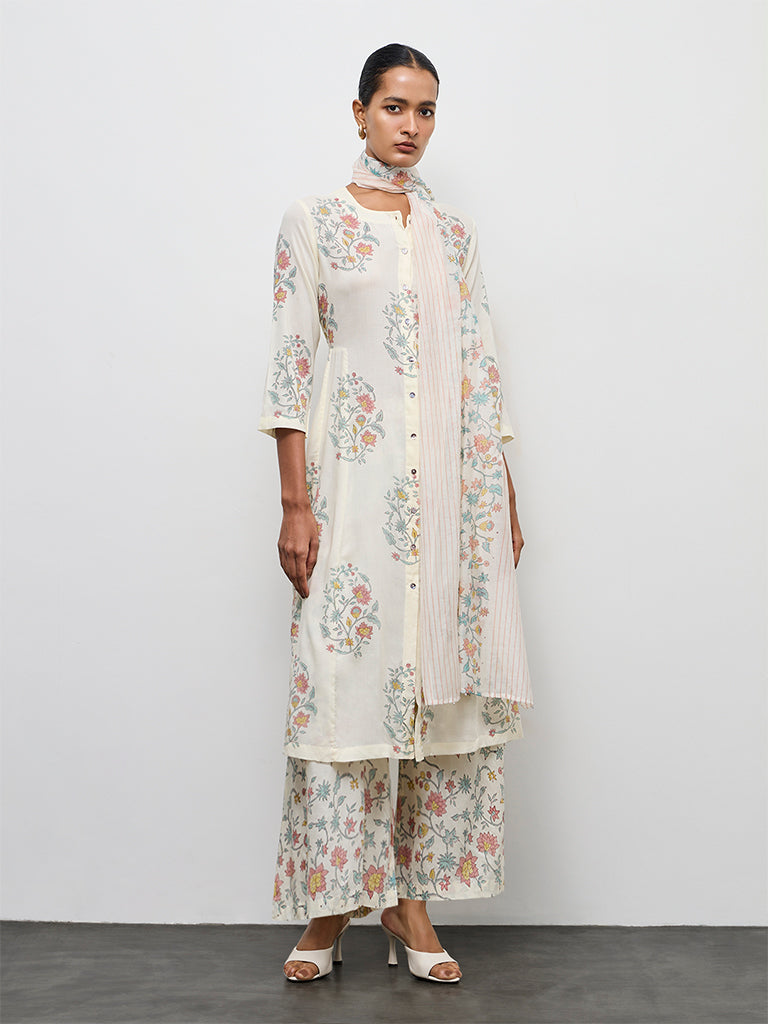 Zuba Off-White Floral Printed Cotton Pants
