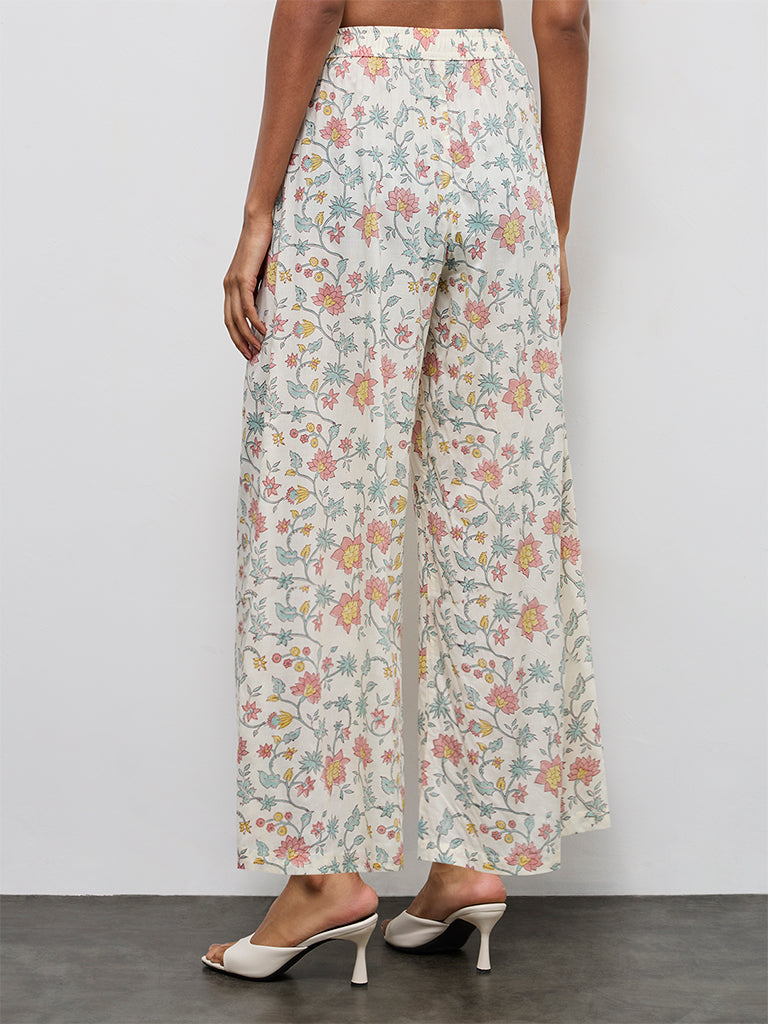Zuba Off-White Floral Printed Cotton Pants