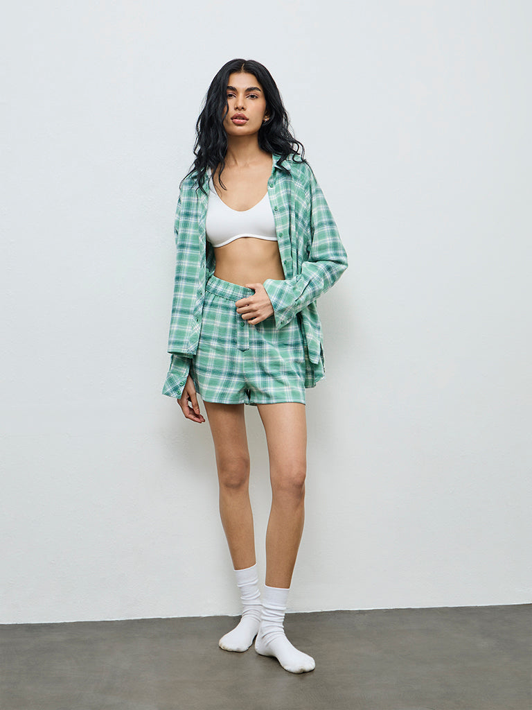 Superstar Green Checkered High-Rise Cotton Shorts