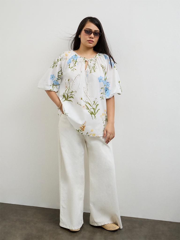 Gia White Foliage Printed Cotton Top