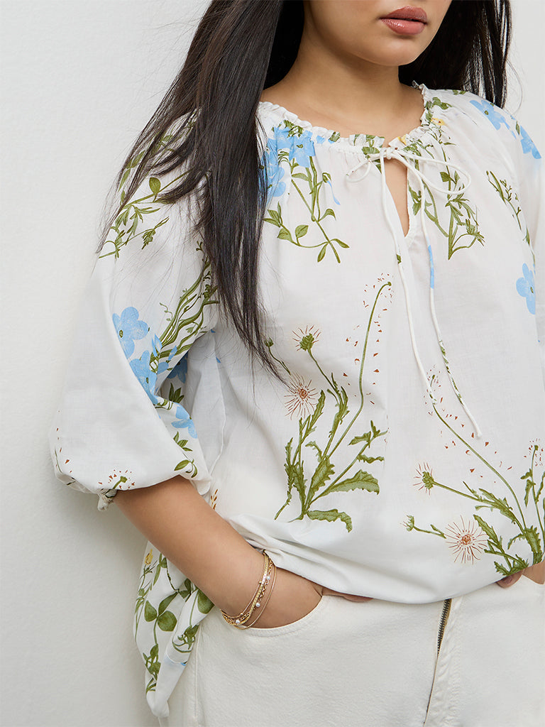 Gia White Foliage Printed Cotton Top