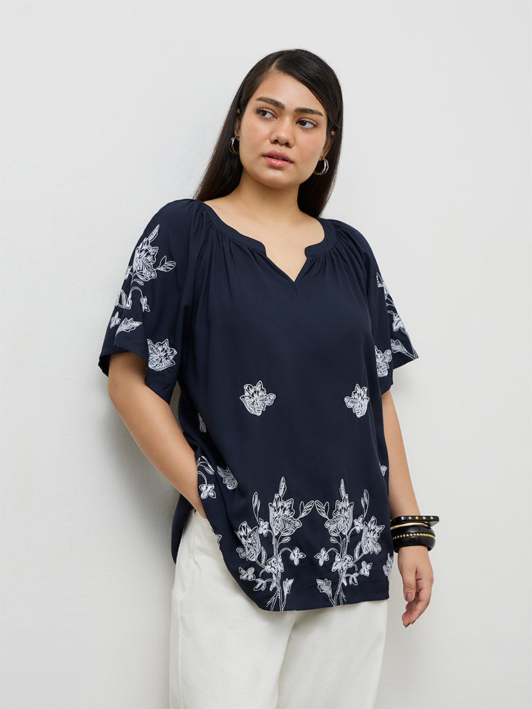 Gia Navy Floral Embroidered Cotton-Blend Top