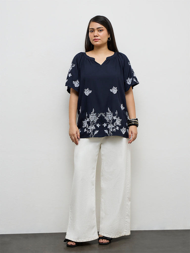 Gia Navy Floral Embroidered Cotton-Blend Top
