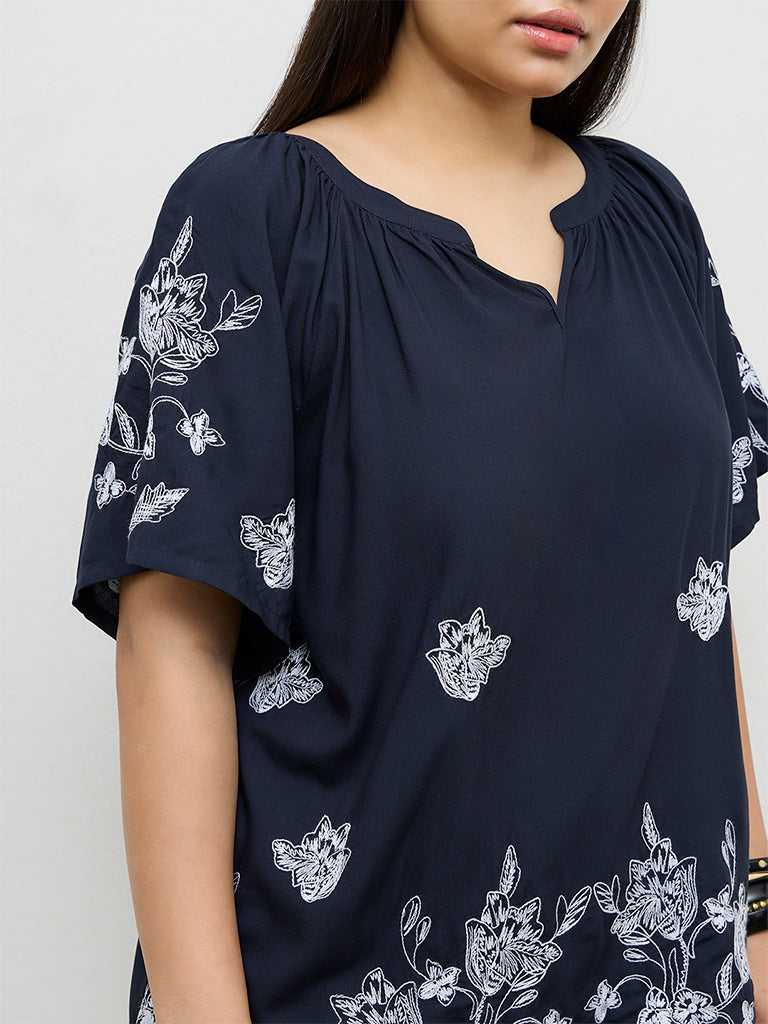 Gia Navy Floral Embroidered Cotton-Blend Top