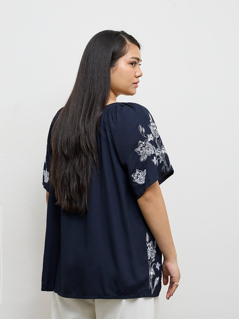 Gia Navy Floral Embroidered Cotton-Blend Top