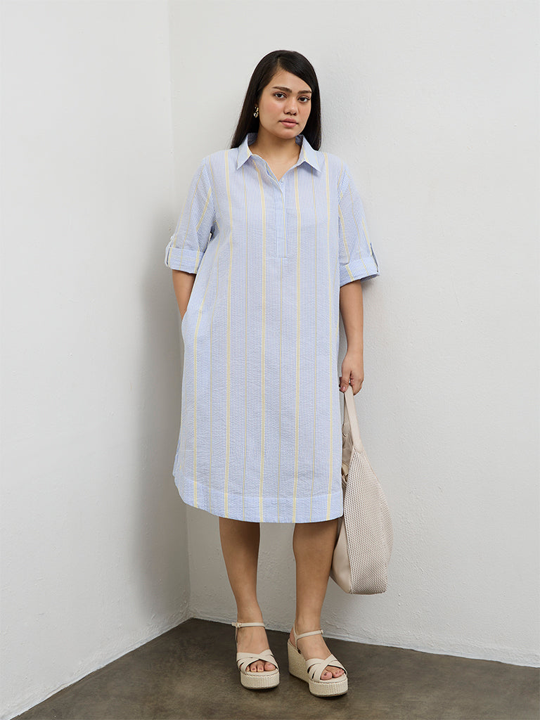 Gia Blue Seersucker Striped Cotton-Blend A-Line Dress