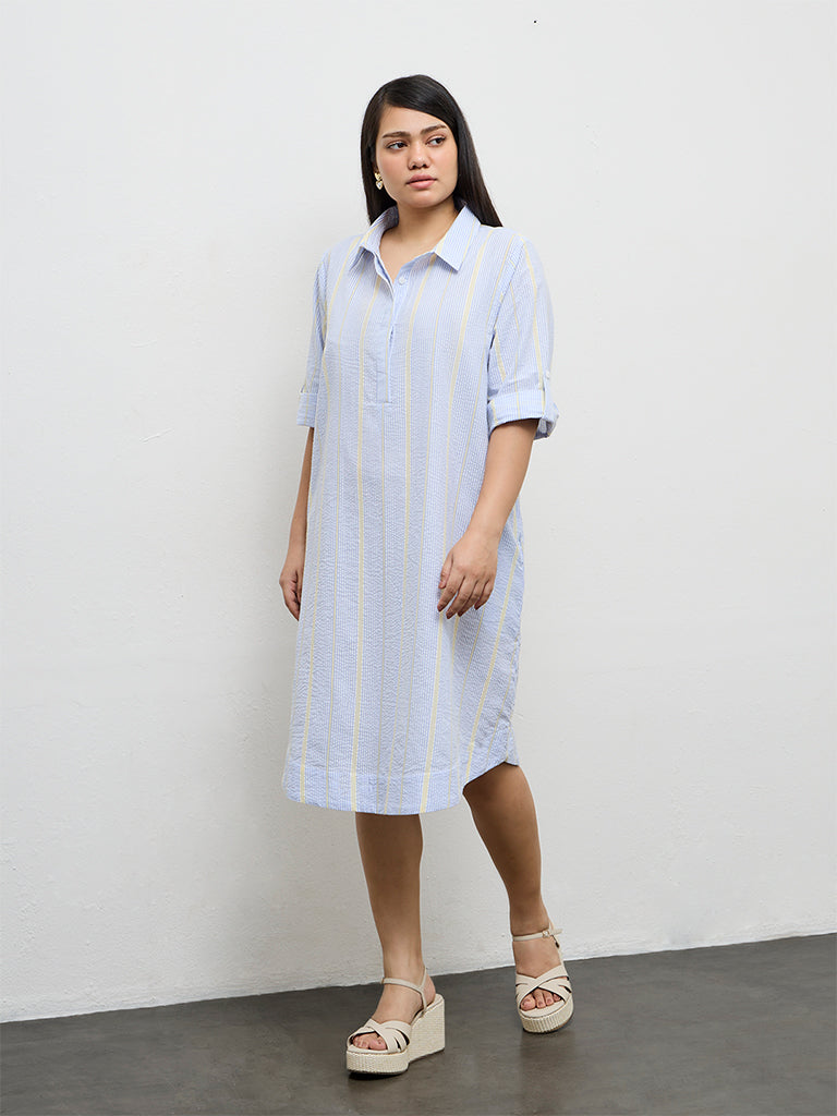 Gia Blue Seersucker Striped Cotton-Blend A-Line Dress