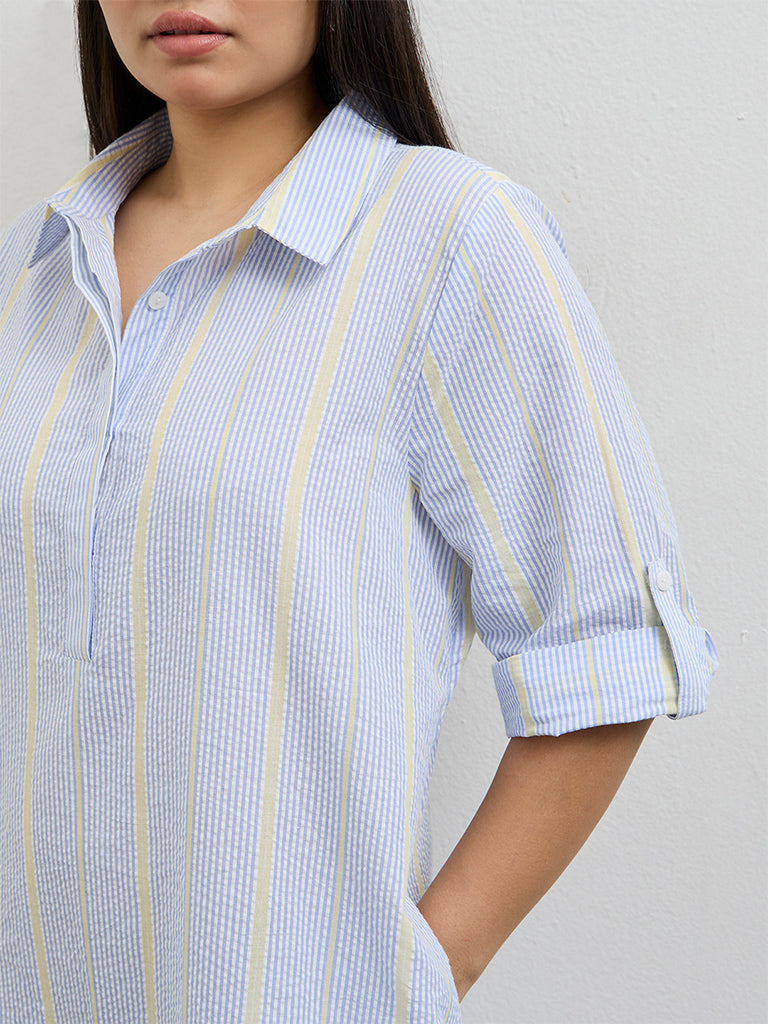 Gia Blue Seersucker Striped Cotton-Blend A-Line Dress