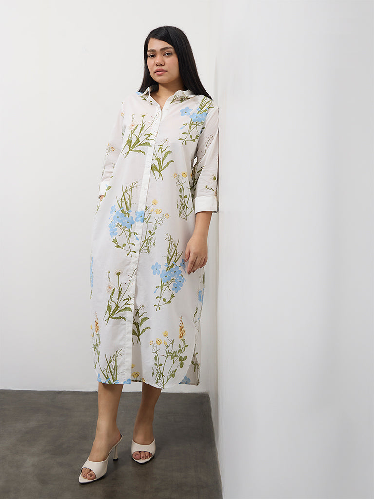 Gia Off-White Botanical Printed Cotton Shirt Dress