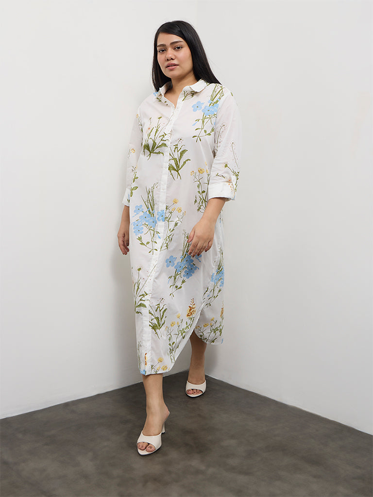 Gia Off-White Botanical Printed Cotton Shirt Dress