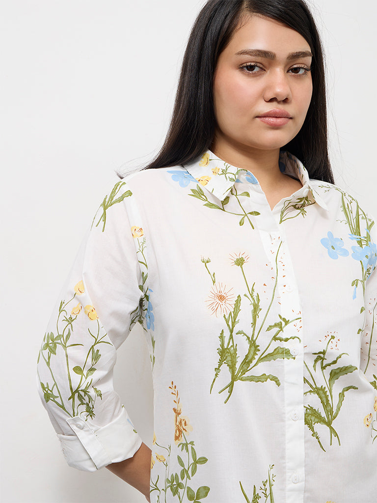 Gia Off-White Botanical Printed Cotton Shirt Dress
