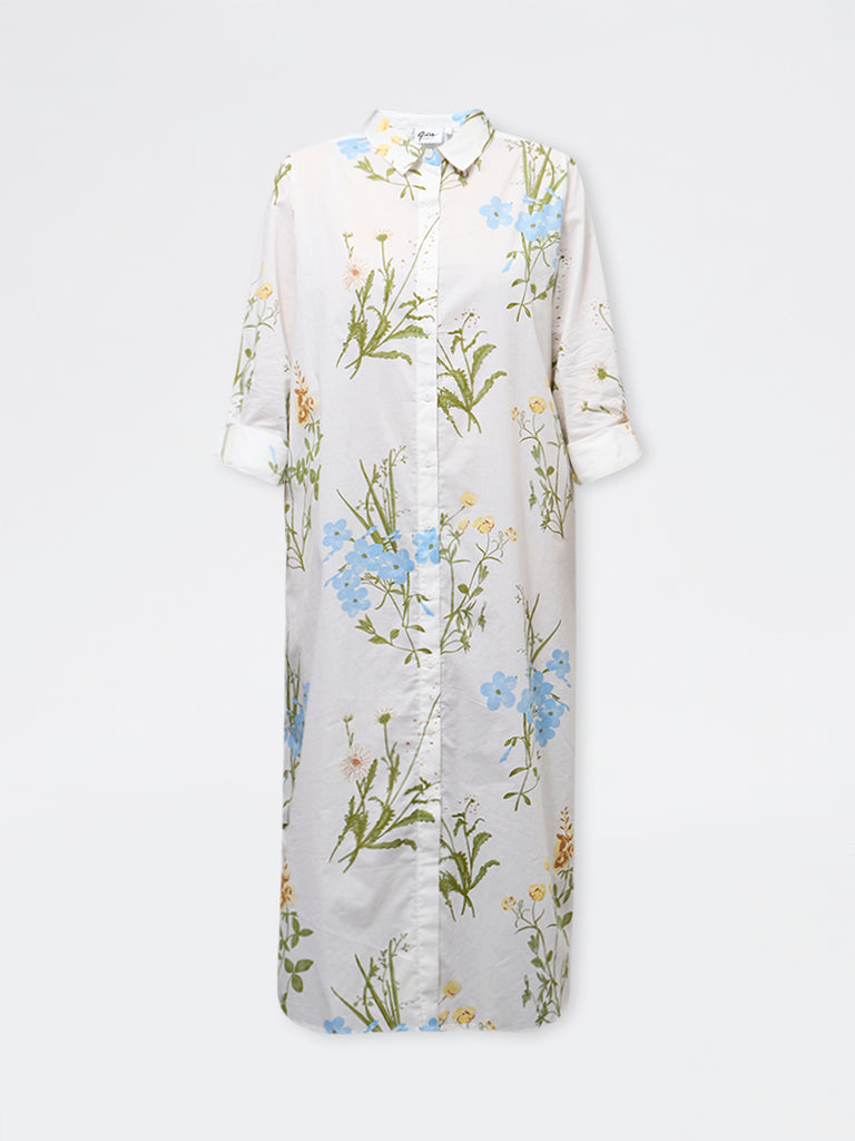 Gia Off-White Botanical Printed Cotton Shirt Dress