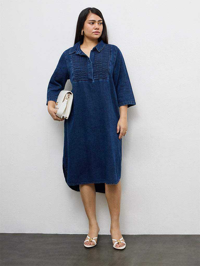Buy Gia Dark Blue Pintuck Denim A-Line Dress from Westside