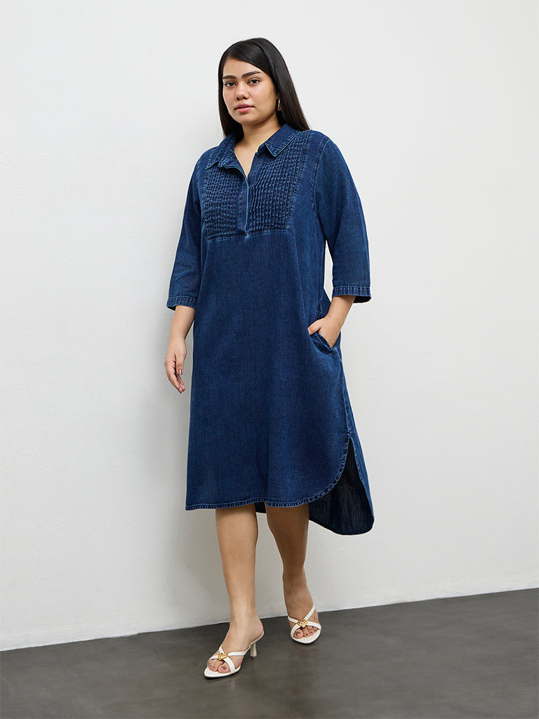 Buy Gia Dark Blue Pintuck Denim A-Line Dress from Westside