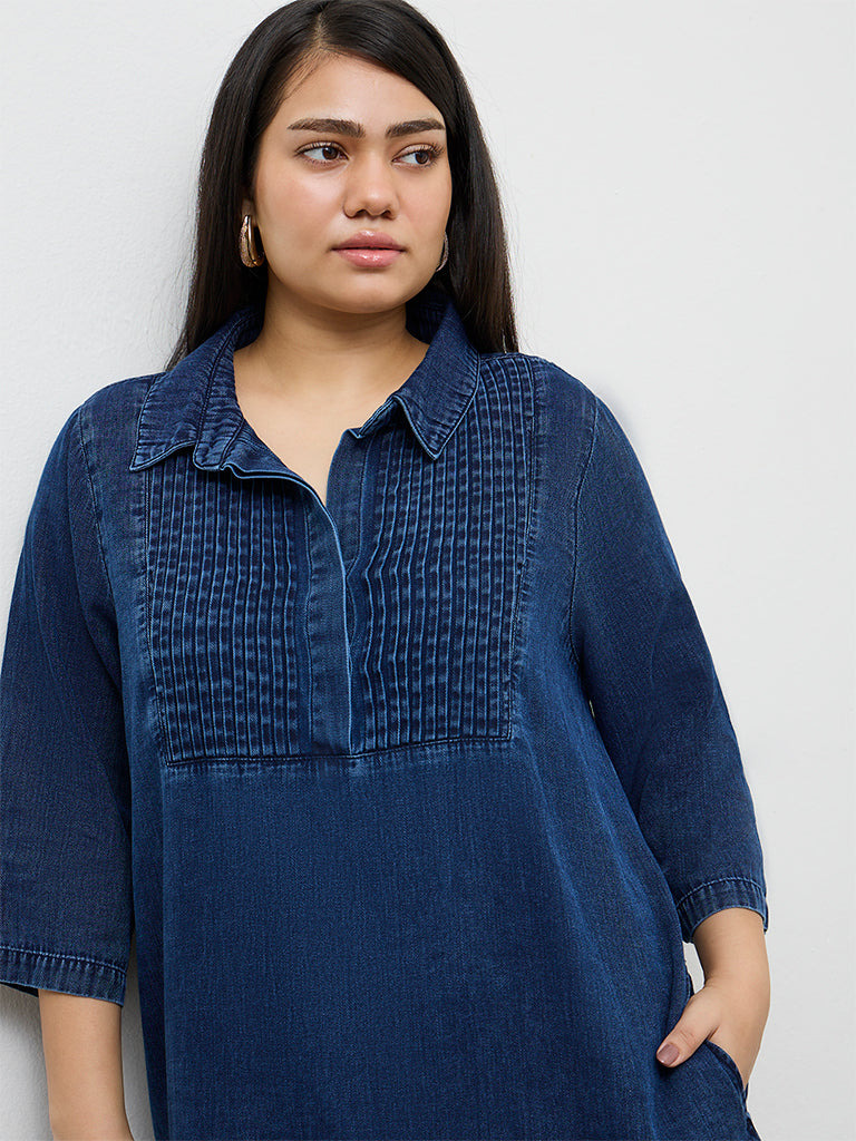 Gia Dark Blue Pintuck Denim A-Line Dress