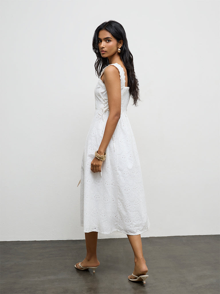 knee length dresses for ladies Cotton Square Neck Broderie Anglaise Midi Dress Summer White