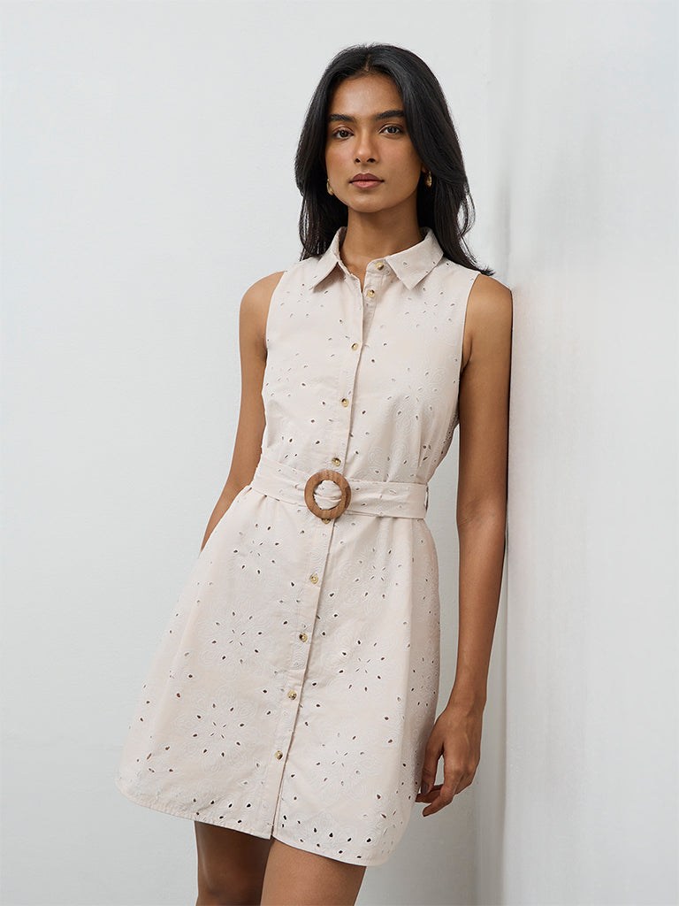 LOV Light Beige Floral Embroidered Cotton Shirt Dress with Belt