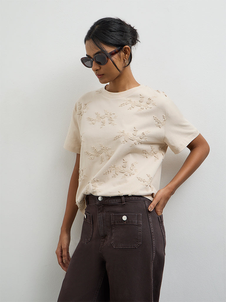 LOV Light Beige Botanical Embroidered Cotton T-Shirt