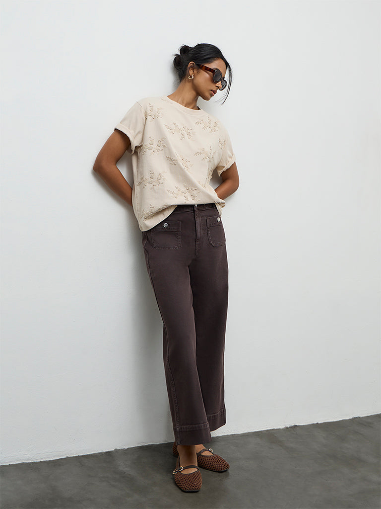 LOV Light Beige Botanical Embroidered Cotton T-Shirt