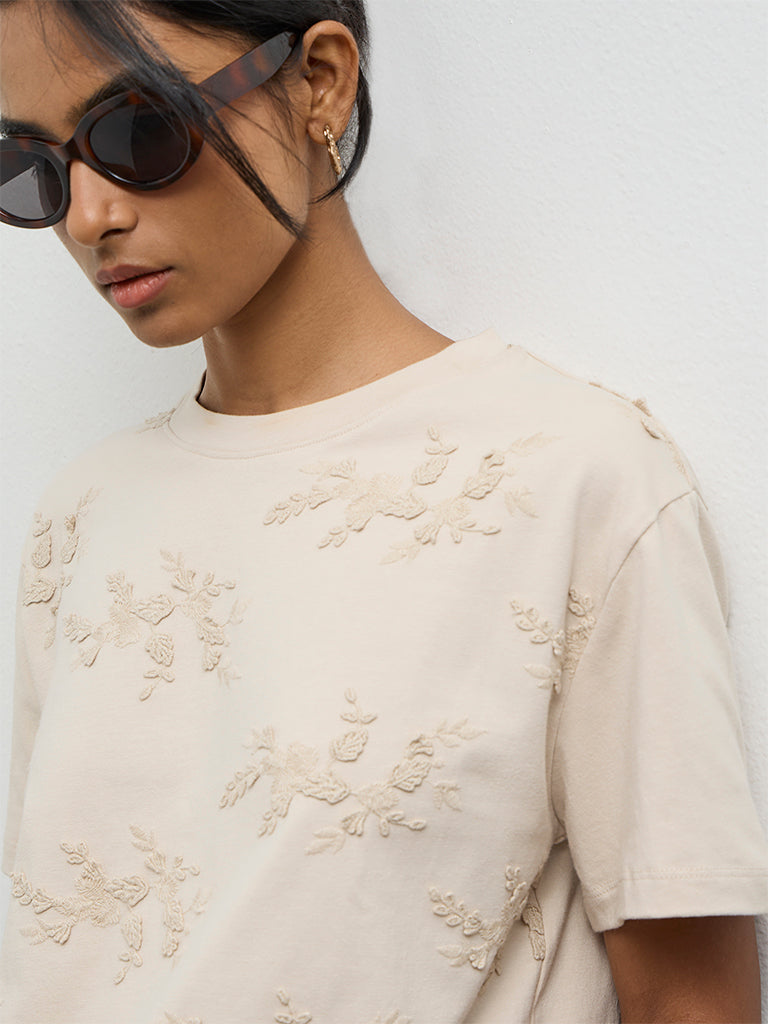 LOV Light Beige Botanical Embroidered Cotton T-Shirt