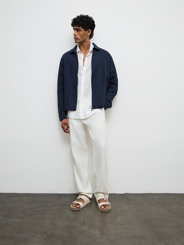 ETA Navy Relaxed Textured Relaxed Fit Cotton Jacket
