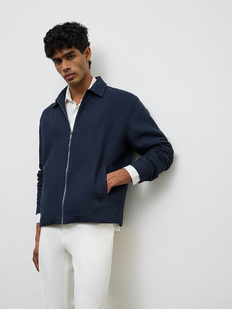 ETA Navy Relaxed Textured Relaxed Fit Cotton Jacket