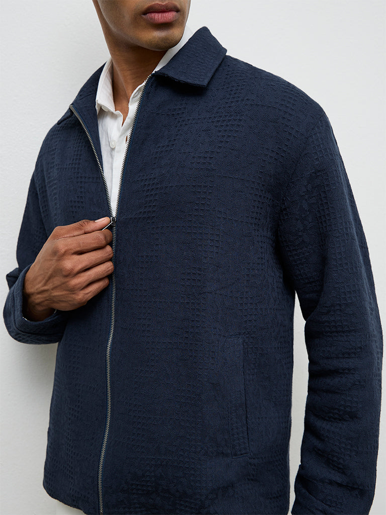 ETA Navy Relaxed Textured Relaxed Fit Cotton Jacket