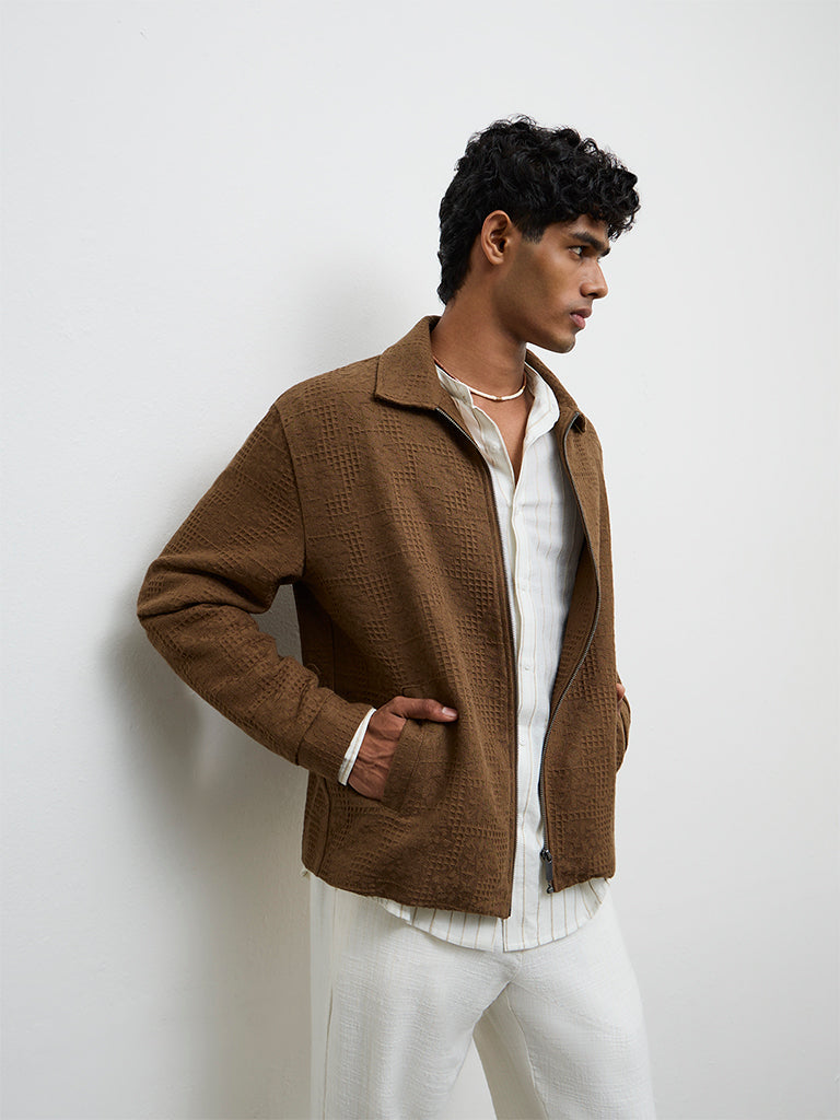 ETA Brown Textured Relaxed Fit Cotton Jacket