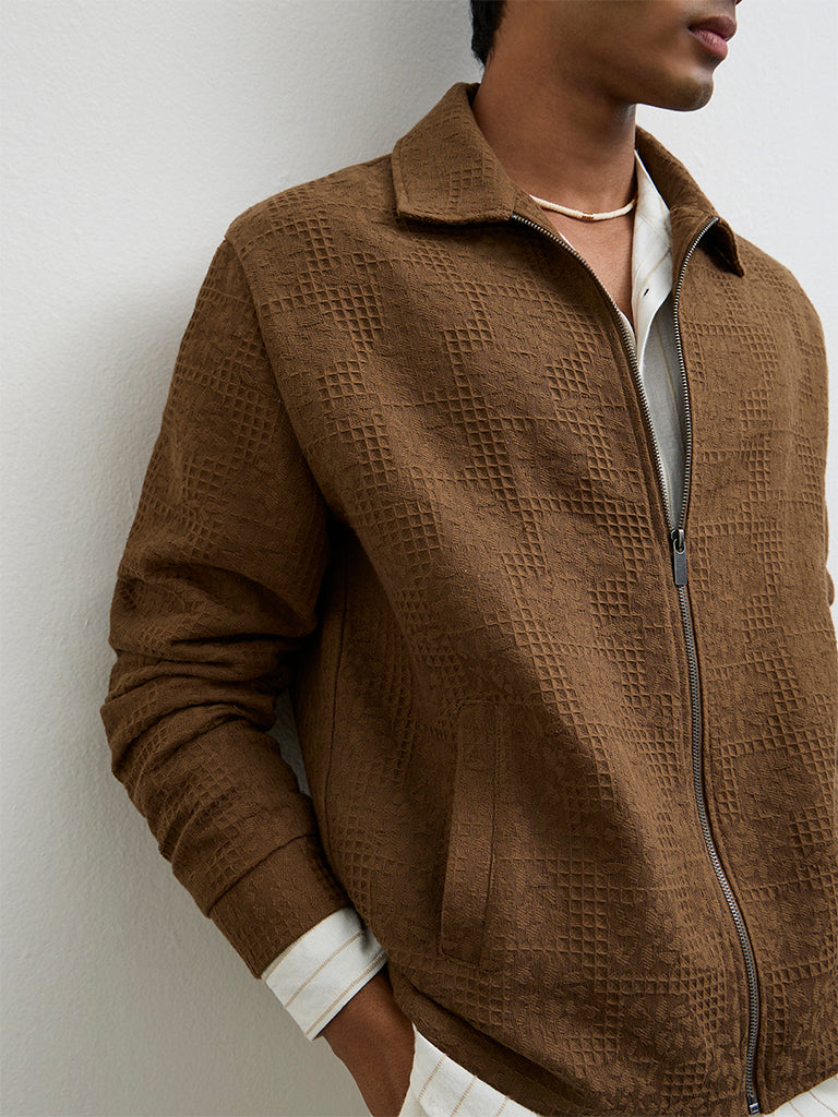 ETA Brown Textured Relaxed Fit Cotton Jacket