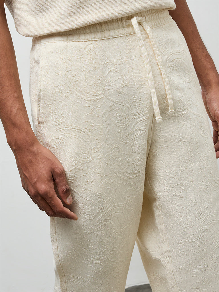 ETA Cream Paisley Design Relaxed-Fit Mid-Rise Cotton Chinos