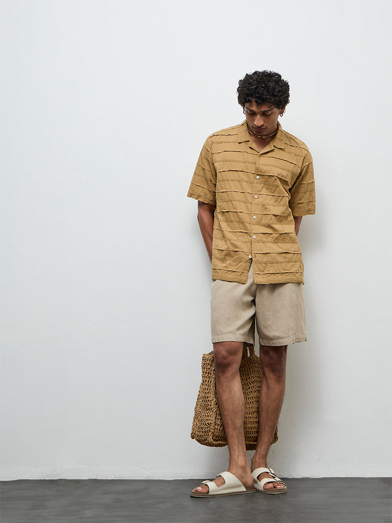 ETA Mustard Pintuck Design Relaxed-Fit Cotton Shirt