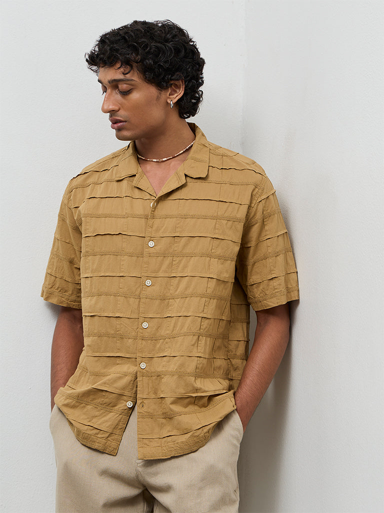 ETA Mustard Pintuck Design Relaxed-Fit Cotton Shirt