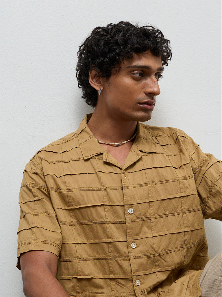 ETA Mustard Pintuck Design Relaxed-Fit Cotton Shirt