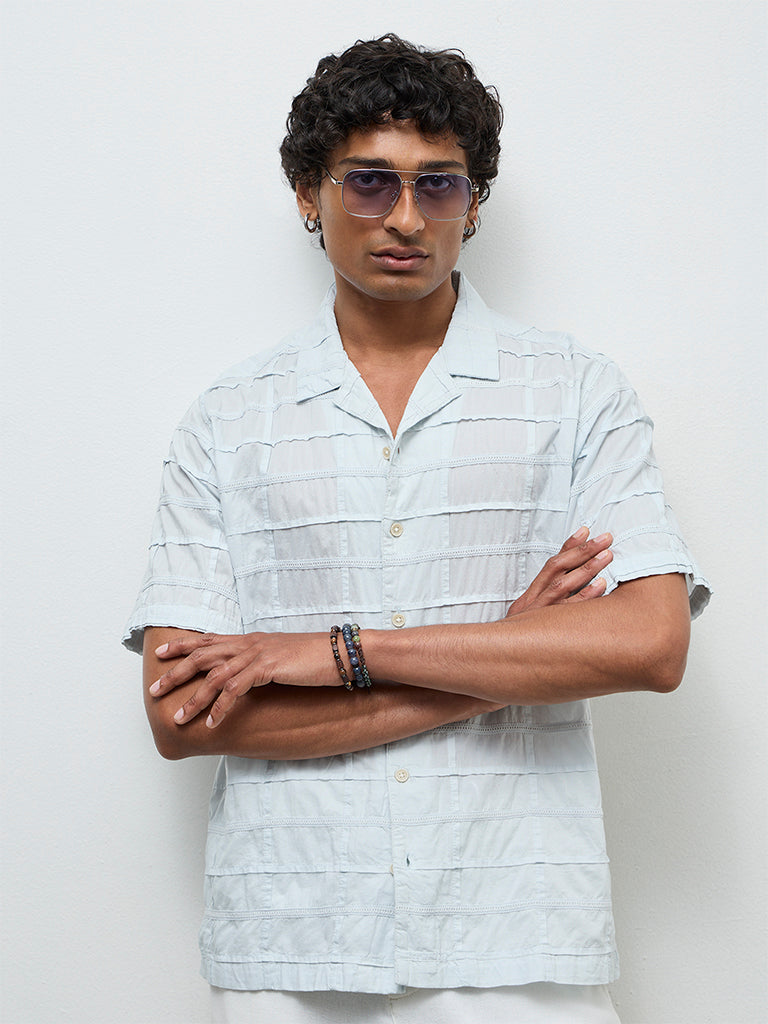 ETA Light Blue Pintuck Design Relaxed-Fit Cotton Shirt
